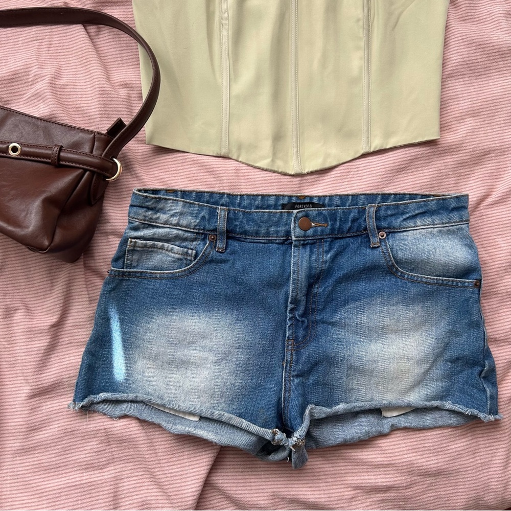 Forever 21 Distressed Blue Denim Roll-Hem Shorts